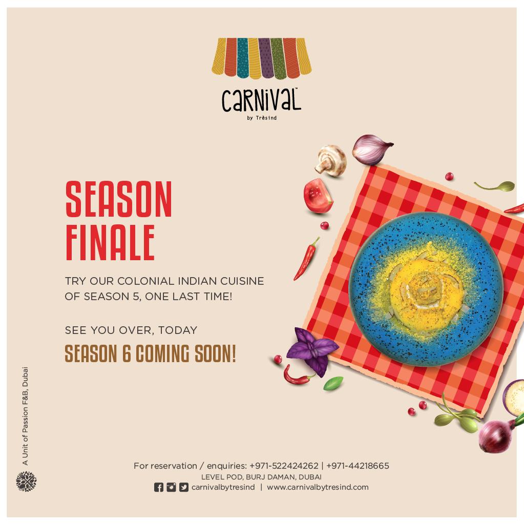 carnivaltresind's tweet photo. Out with the old, in with the new. Last few days of service - Season 5 - Colonial Indian cuisine at Carnival, #DIFC

#CarnivalByTresind #CarnivalInDIFC #ItsChanging #SeasonFinale #Season5 #Season6 #CocktailsAtCarnival #ColoniaIndianCuisine #CasualFunDine #BestIndian #Dubai https://t.co/LdTR5w8pyv