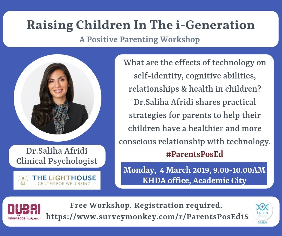KHDA's tweet photo. Would you like your child to have a healthier relationship with technology? Join us at our next positive parenting workshop, "Raising children in the iGeneration," with Dr Saliha Afridi, Clinical Psychologist @LightHouseDXB
Register: https://t.co/GN8mgQzlN6 #ParentsPosEd https://t.co/kTfX8PcdxW