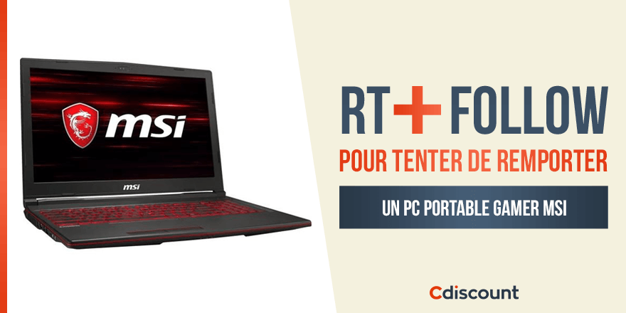 🎁 #Concours

👉 À gagner : PC portable gamer MSI 15,6'' - RAM 8Go - Stockage 1To HDD - GTX 1050Ti 2Go -  fcld.ly/zyzo269 !

🔸 Pour tenter votre chance : 
#RT + Follow <a href="/Cdiscount/">Cdiscount</a>

TAS 26/02