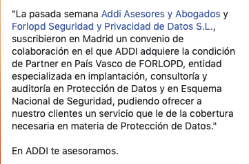 Addiasesores's tweet photo. Convenio de colaboración #Addi y @Forlopd Nuestra #asesoría adquiere la condición de Partner en #PaísVasco de #FORLOPD, especializada en implantación, consultoría y auditoría en #ProteccióndeDatos y en Esquema Nacional de #Seguridad.

En ADDI te asesoramos.

#donostia #LOPD https://t.co/0rIU1TjwKa