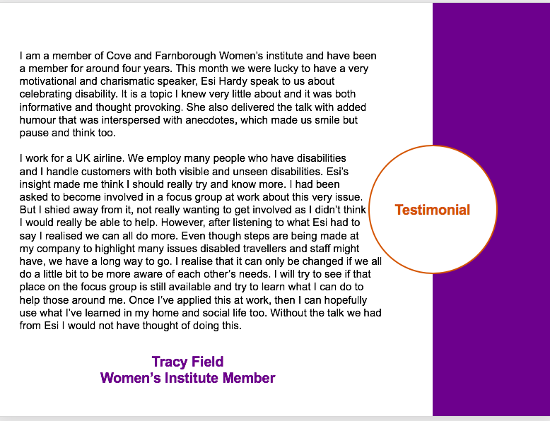Last week, after delivering a talk to <a href="/WomensInstitute/">Women's Institute</a>, I received this lovely feedback
#Testimonial #MotivationalTalk #Disability