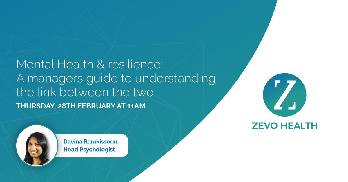 Zevohealth's tweet image. In this months free webinar our Head Psychologist Davina discusses techniques and approaches to mental health in the workplace and how to incorporate resilient tools and strategies into our working environment and everyday lives.
Register here: hubs.ly/H0gG57K0