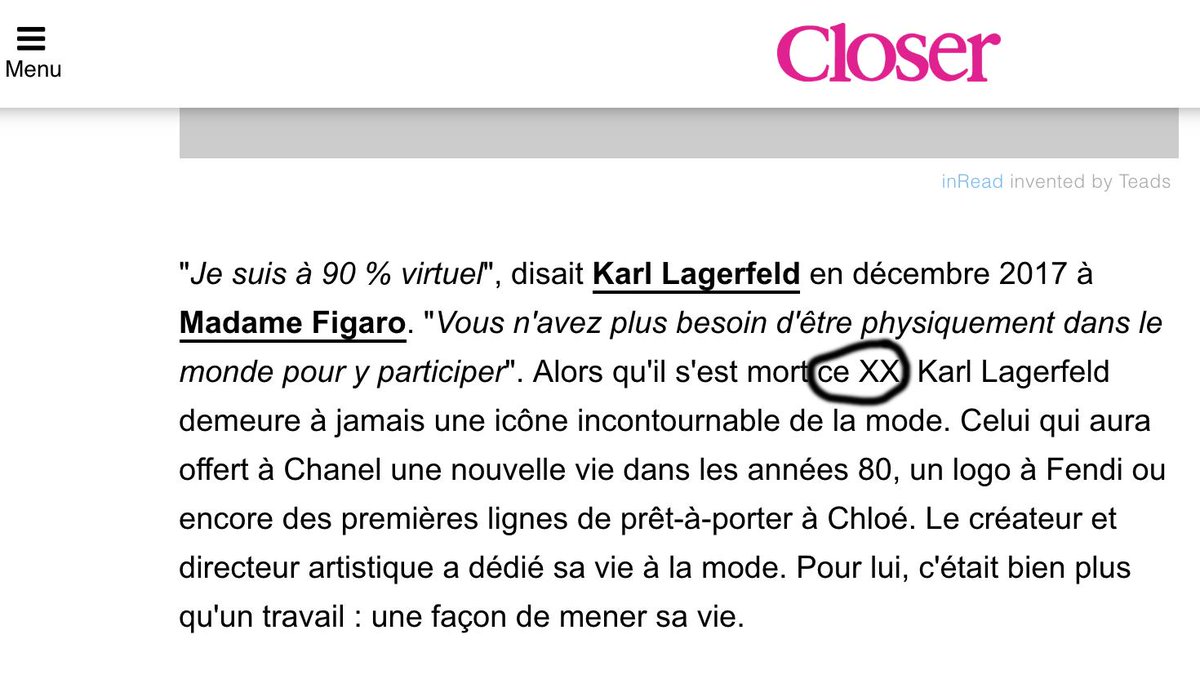 Quand <a href="/closerfr/">Closer France</a> veux balancer la nécro de Karl Lagerfeld, prête depuis des mois, en premier et qu'ils ne prennent même pas la peine de la remplir correctement.