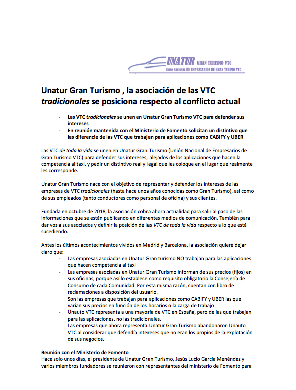 GranVtc's tweet photo. Unatur Gran Turismo VTC pide un distintivo que separe a las VTC tradicionales de las empresas que trabajan para aplicaciones. Así se lo ha hecho saber al Ministerio de Fomento. https://t.co/vNqq4e1Mqe
