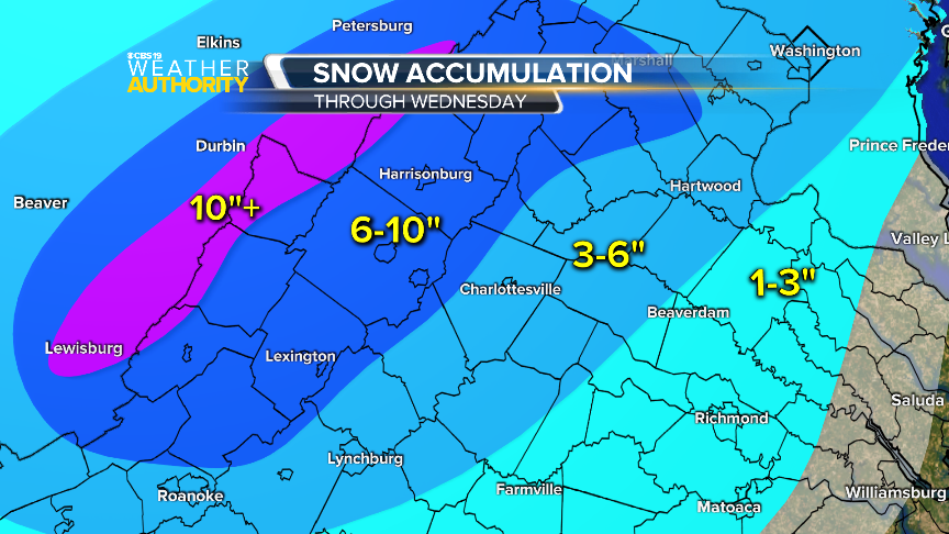 TravisKoshko's tweet photo. No major changes in Wednesday's winter weather forecast for central Virginia. Highest snowfall totals are expected in the elevations and Shenandoah Valley, but total accumulations will be largely affected by changeover time to sleet &amp; freezing rain. #snowometer #cvillewx #vawx https://t.co/CmCQSJeXvn