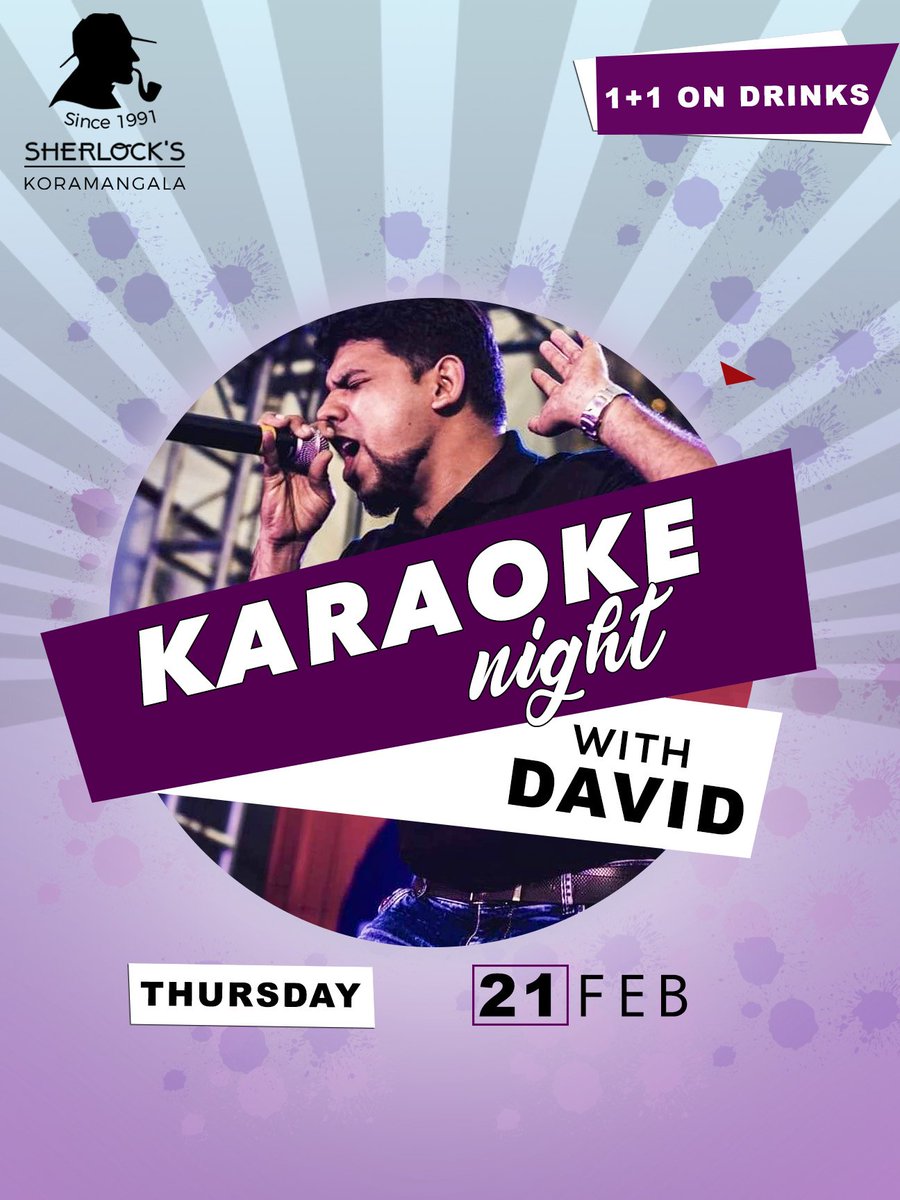 sherlockspubKRM's tweet photo. Get ready to own the centre stage with David this Friday on Karaoke Night &amp; avail #BOGO 1+1 on drinks!
Feb 21st, 8pm onwards! 
#KaraokeNight #SherlocksPubKoramangala #HappyHour
Reserve Online with #BallyhooApp https://t.co/yWQ8iqgd8i