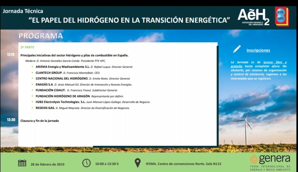 Expertos del sector analizarán el papel del #hidrógeno en la #transiciónenergética
📌 28/02 <a href="/FeriaGenera/">GENERA</a> Sala N113 Centro de Convenciones Norte @feriademadrid 
<a href="/JavierBrey/">Javier Brey</a> <a href="/mitecogob/">Transición Ecológica y Reto Demográfico</a> <a href="/CienciaGob/">Ministerio de Ciencia, Innovación y Universidades</a> <a href="/IndustriaGob/">SECRETARÍA DE ESTADO DE INDUSTRIA</a> @CIEMAT_Moncloa @CastanoMluisa <a href="/IDAEenergia/">IDAE</a> 
aeh2.org/index.php?opti…