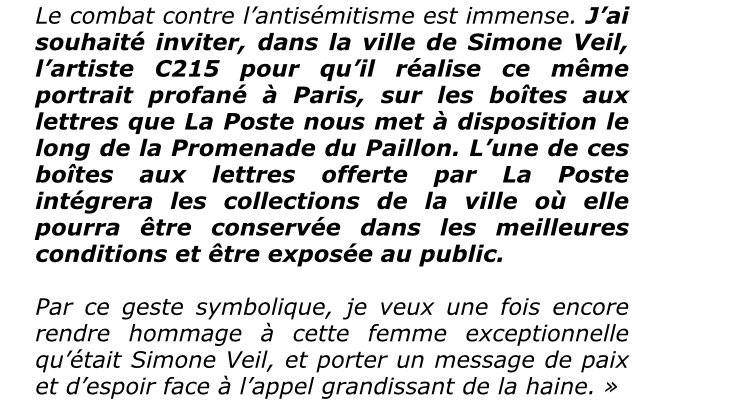cestrosi's tweet image. Le combat contre l’antisémitisme est immense. J’ai souhaité inviter, dans la ville de Simone Veil, l’artiste @christianguemy pour qu’il réalise ce même portrait profané à Paris, sur les boîtes aux lettres que le @GroupeLaPoste nous met à disposition sur la Promenade du Paillon.