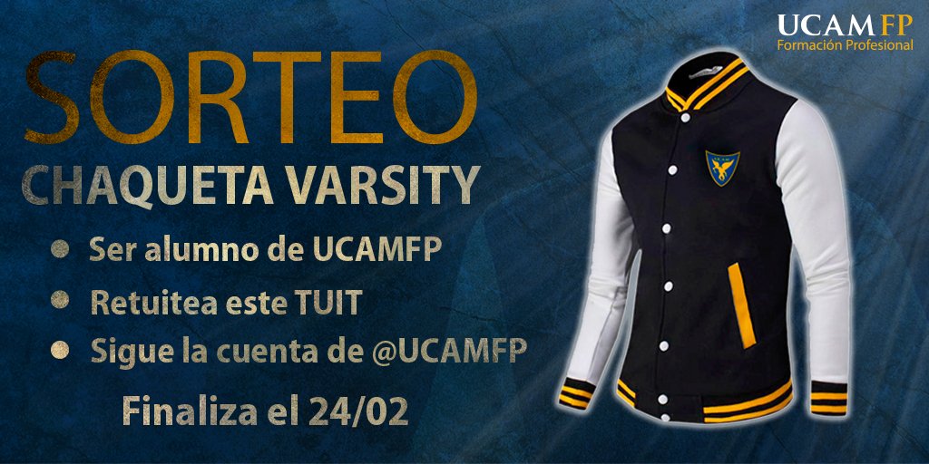 ¿Quieres ganar una chaqueta Varsity😎? Solo tienes que cumplir estos requisitos:

➡️ Ser alumno de @UCAMFP 
➡️ Retuitear este tuit
➡️ Seguir la cuenta de @UCAMFP 

¡Tienes hasta el domingo 24 de febrero para participar!