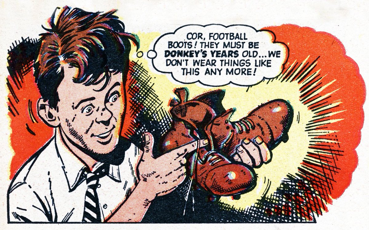 "Billy Dane owned an ancient pair of football boots which used to belong to old-time soccer star, Dead Shot Keen. In some strange way, the boots enabled Billy to play in Dead Shot's style" - Billy's Boots was a strip in Tiger, Scorcher, Eagle and <a href="/royoftherovers/">Roy of the Rovers ⚽📚</a>. #onecomicpanel