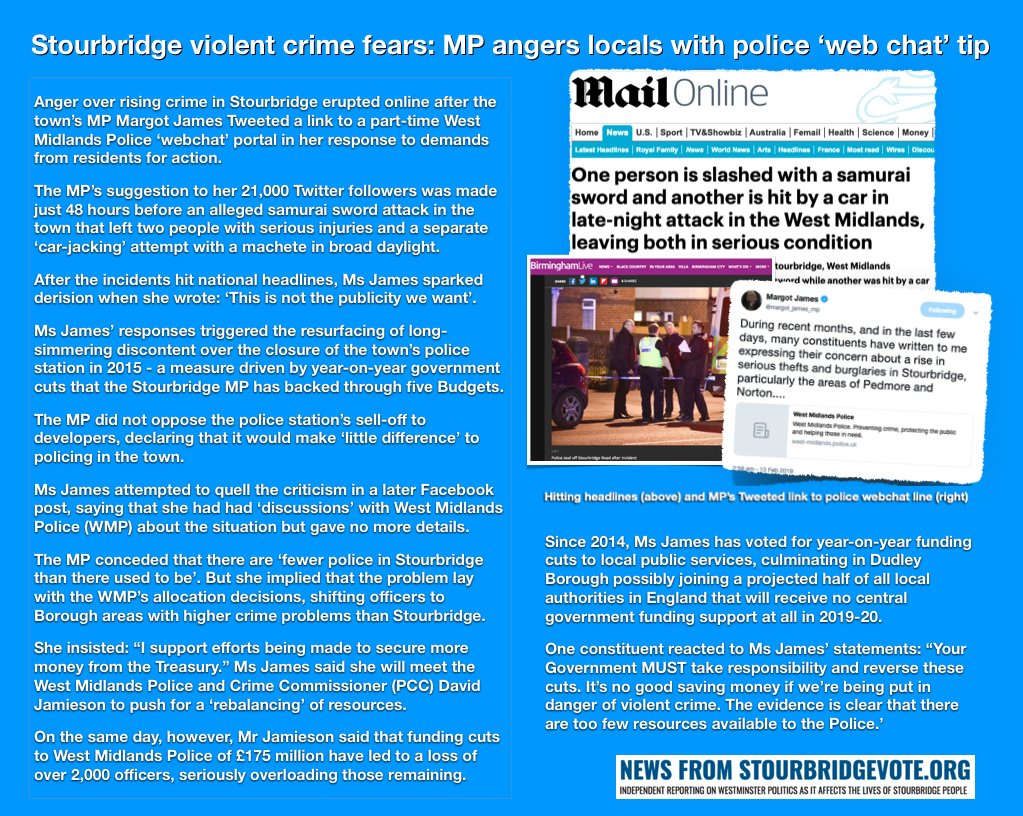 Stourbridge violent crime fears: town’s MP @margot_james_mp riles residents with police ‘web chat’ tip to combat surge. For full story, click here: wp.me/p8LDyl-eH