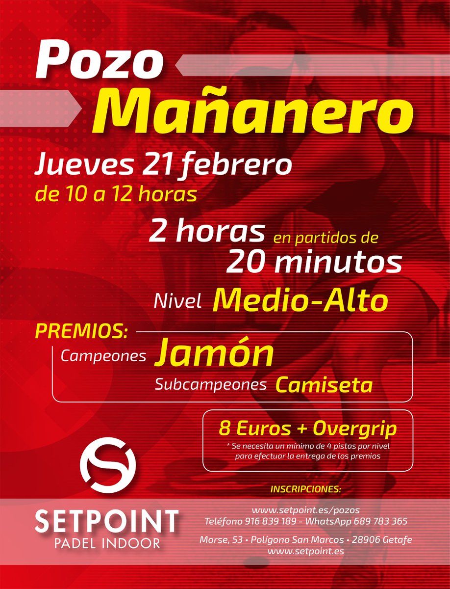 SetPointG's tweet image. Pasado el ecuador de febrero, este jueves 21, os esperamos de nuevo con un buen torneo de pádel y si ganas, además te llevarás un señor JAMÓN ¿hace? Inscripciones: 916 839 189 - 689 783 365 setpoint.es/pozos/ #setpoint #padel #padelindoor #getafe #madrid #deporte