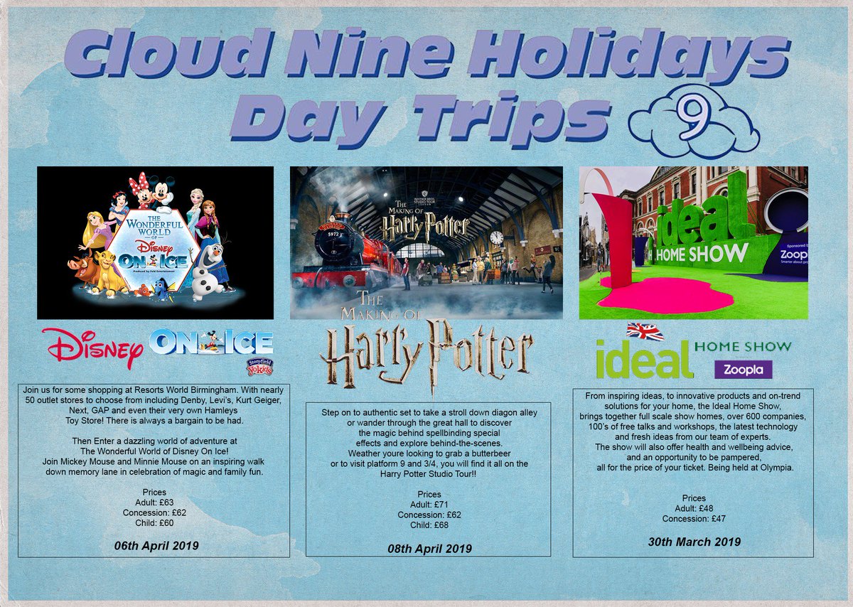 CloudNineHols's tweet photo. We still have spaces left on these day trips!! So if you fancy diving in to the magical world of Harry Potter, being amazed by your favourite Disney characters or getting some inspo for your home, give us a call today!!! ⚡️🏡⛸️ https://t.co/BsHVX0HKIm