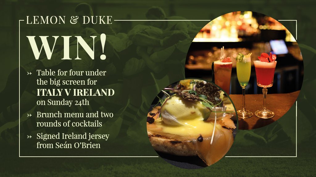 Fancy a table for four for brunch and cocktails this Sunday for Italy V Ireland and a signed <a href="/SeanOBrien1987/">Sean O'Brien</a> rugby jersey. RT &amp; follow to win. Winner announced Friday. 🏉