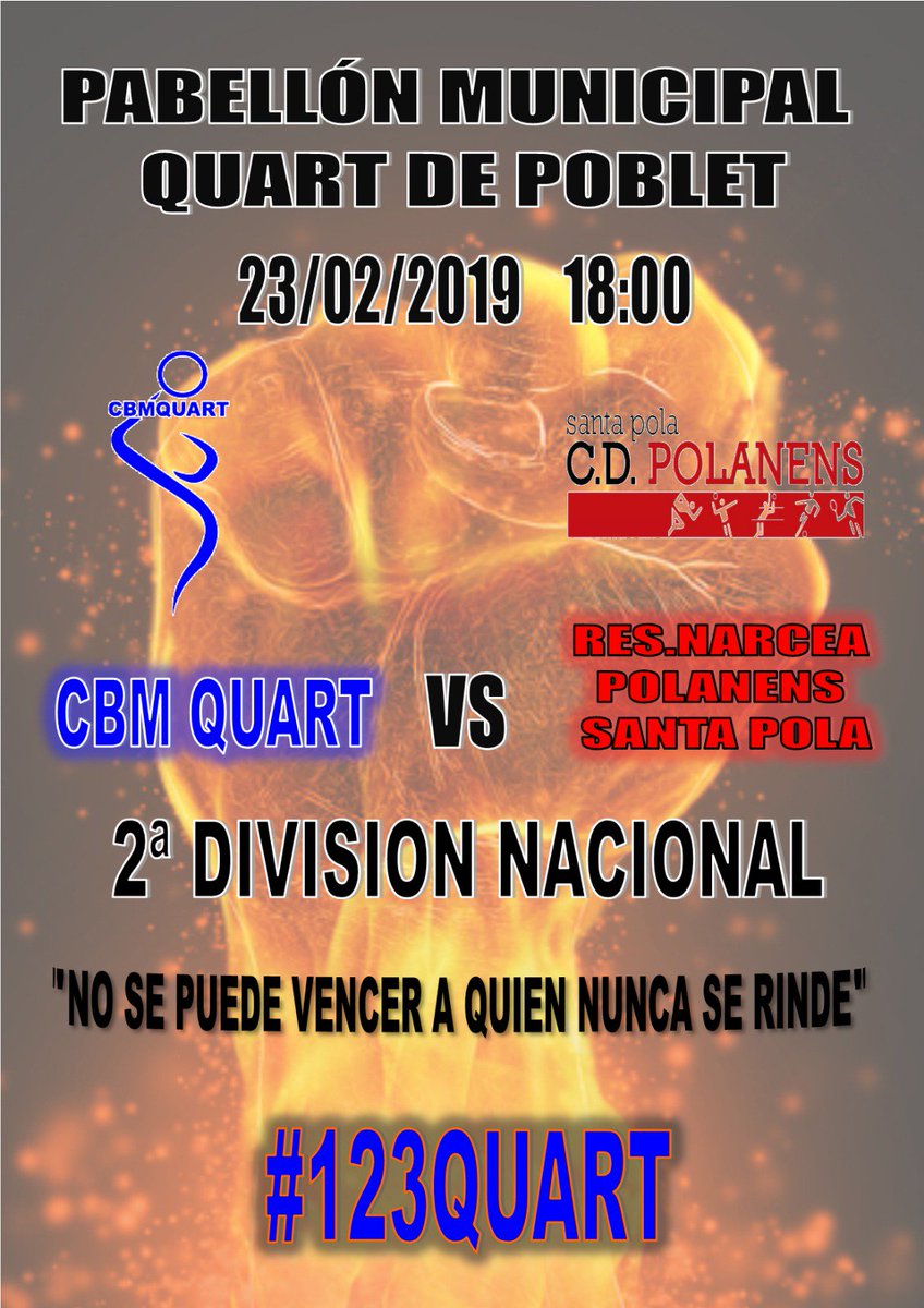 CbmQuart's tweet photo. Este sábado nos jugamos seguir vivos en la lucha por la fase, por tanto, vamos a necesitar de todo vuestro apoyo. ¡TE ESPERAMOS EN EL PABELLÓN! #123QUART #YoCreo 

CBM QUART VS SANTA POLA https://t.co/4C1VwGxzOn