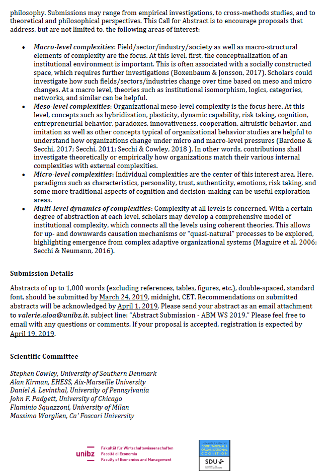 Sia_Farah's tweet image. we are organizing the “Fourth Agent-Based Models of Organizational Behavior (ABMO4) Workshop: Modeling Organizational and Institutional Complexity” to be held in Bolzano Italy, May 3-4 2019. More information abm04.events.unibz.it. 
@anarduz @secchi_davi
@unibz_news @COMAC_SDU
