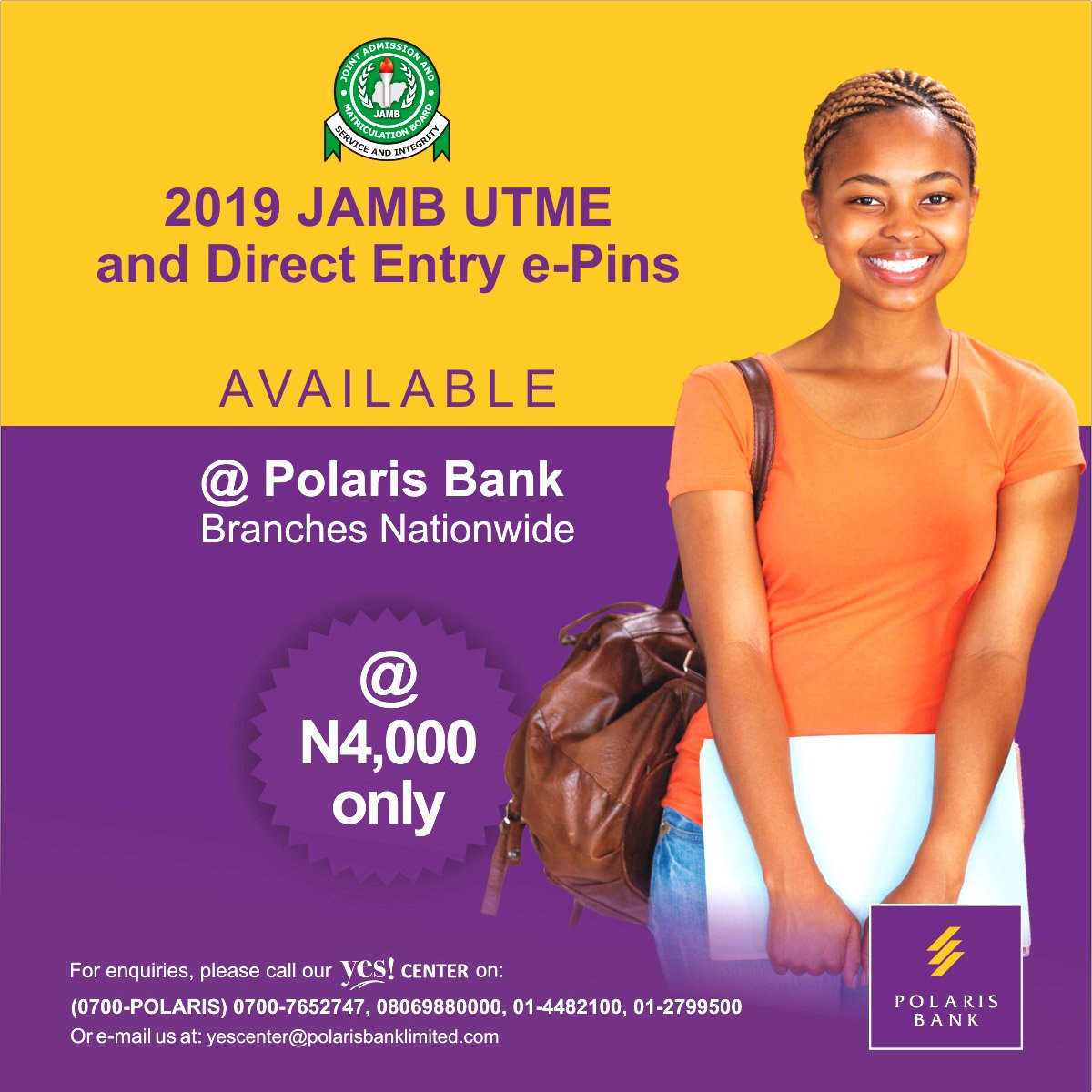 PolarisBankLtd's tweet image. The JAMB UTME and Direct Entry e-Pins are still available and you can get them at any of our branches.
