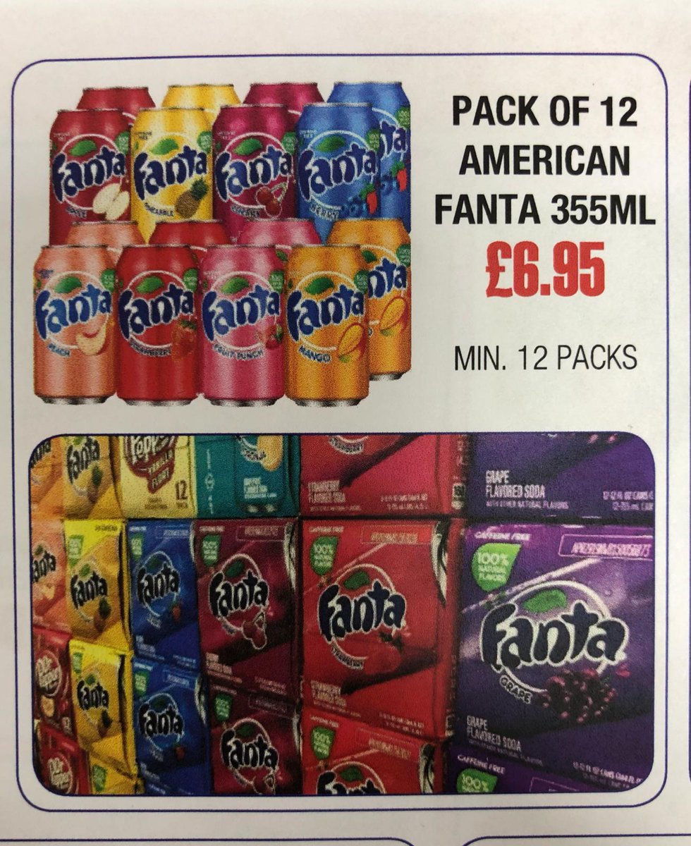 ntintplc's tweet photo. Available on the Floor: Pack of 12 American Fanta 335ML @ £6.95 
Min. 12Packs | Call now 0121 331 8899 | Visit us at the Cash and Carry.
Offer valid until stocks last!! COLLECTION ONLY!!!! https://t.co/CewJJt11oQ