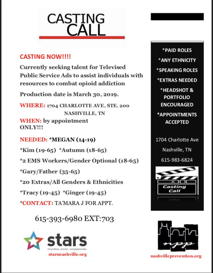 OUR PRODUCTION DATE IS FAST APPROACHING, PLEASE CALL NOW FOR YOUR AUDITION!!