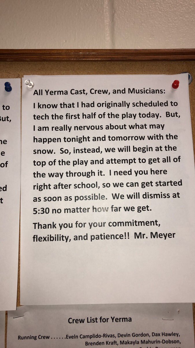 THS_ITS's tweet photo. Announcement for the cast, crew, and musicians for rehearsal today! https://t.co/EVMN83bYGF