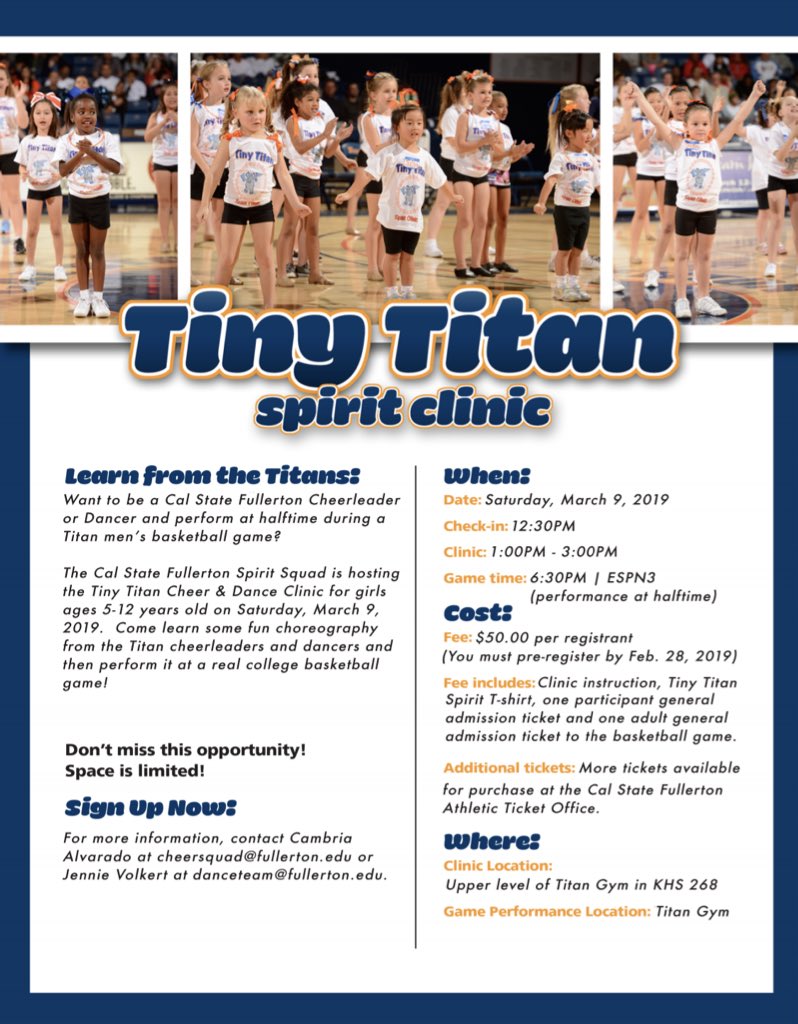 Tiny Titan cheer/dance clinic March 9th!! Contact Jennie or Cambria for info to get signed up! Send us a message on Twitter or Instagram as well! @csufdanceteam 💙🧡