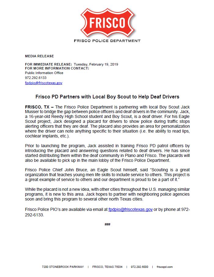 FriscoPD's tweet photo. Frisco PD Partners with Local Boy Scout to Help Deaf Drivers

https://t.co/MA7DbekNWG https://t.co/jRmrRD2qsh