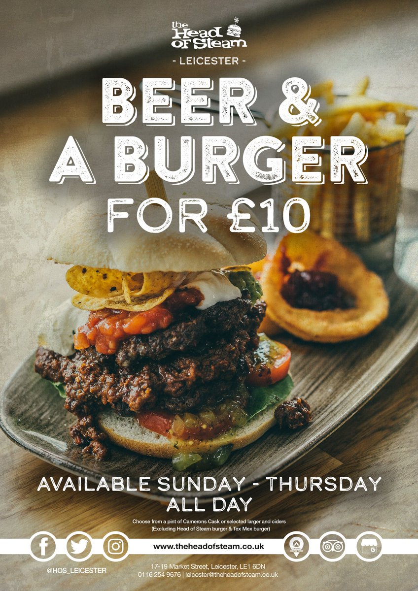 Burger and a Beer for only £10?! Fantastic quality and an even better price - what are you waiting for? 

Now available Sunday - Thursday!🤩

#HeadofSteam #Burger #Beer #Leicester