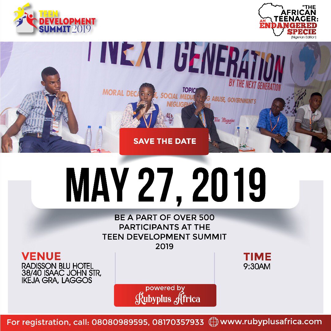 rubyplusafrica's tweet image. Rubyplus Africa is resolved to bring you a ground-breaking&amp;amp;insightful experience at the 2019 edition of the Teen Development Summit.

Stay expectant, be prepared and SAVE THE DATE.

For sponsorship or partnership considerations, pls reach us via any of our contacts on the flyer.