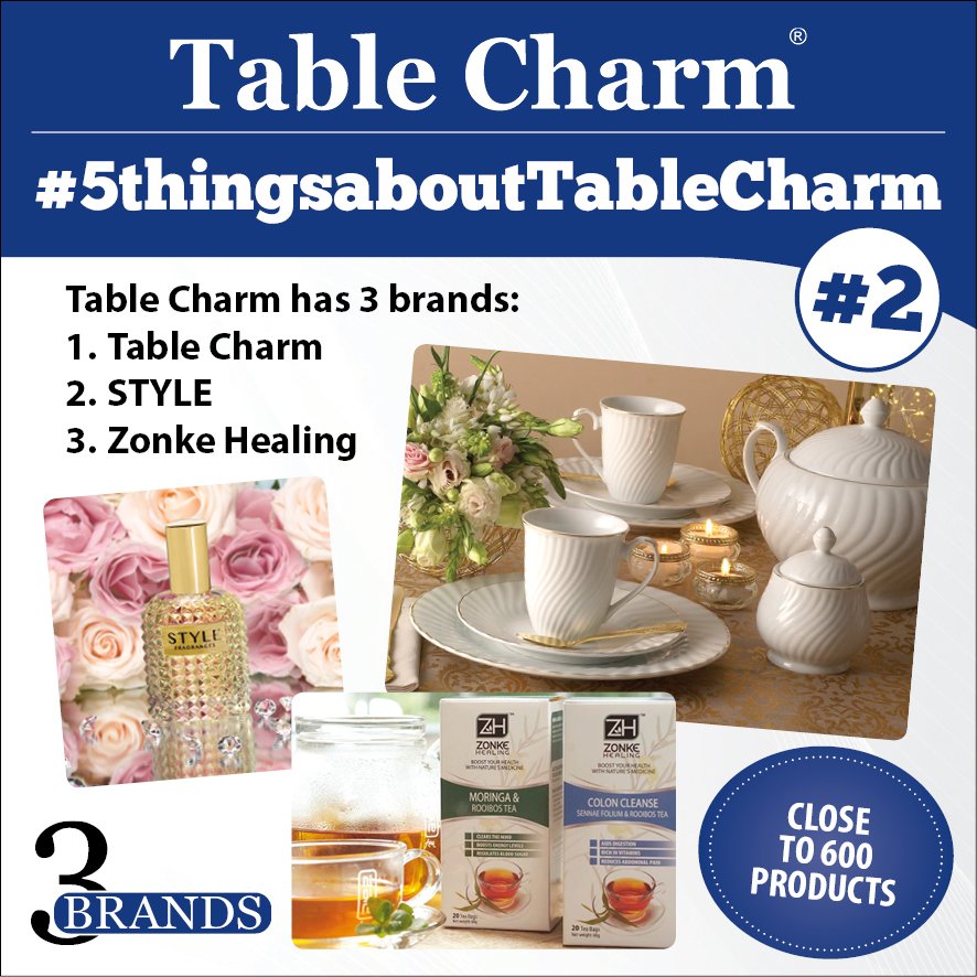 TableCharmSA's tweet photo. #DidYouKnow

Table Charm has THREE BRANDS:
TableCharm, Style Frangrances and Zonke Healing

Visit our website for more details: https://t.co/5T3qslihWL

#5ThingsAboutTableCharm #TableCharm #Style #ZonkeHealing https://t.co/kHX4v5OJ6p
