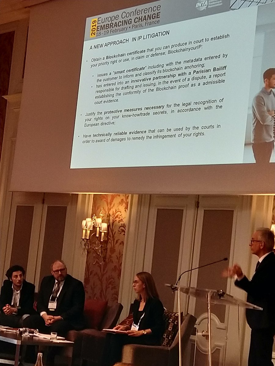 INTABrussels's tweet photo. #Blockchain potentials for #IPR (proof of evidence, unregistered rights, "smart certificates", #traceability for #anticounterfeiting and more) discussed by O. Dhordain at #Richemont, @ronan_legleut, @VincentFAUCHOUX @DeprezGuignot, @WilliamFauchoux @blckchainyourip at #INTAParis https://t.co/LzRQcGhFGU