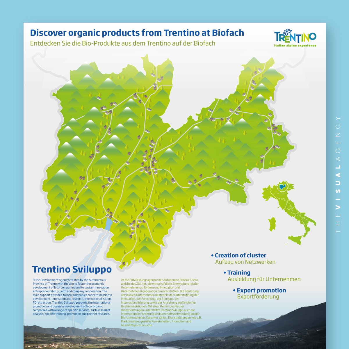 thevisualagency's tweet photo. We produced 2 posters and a motion graphic video supporting @TnSviluppo, for the 1st time at @BioFachVivaness, to communicate the exciting innovations and positive trend of farming corporates in the Italian Province of Trento.🌾
#TheVisualAgency #datavisualization #dataviz #data https://t.co/Fmm3Q8a9Ly