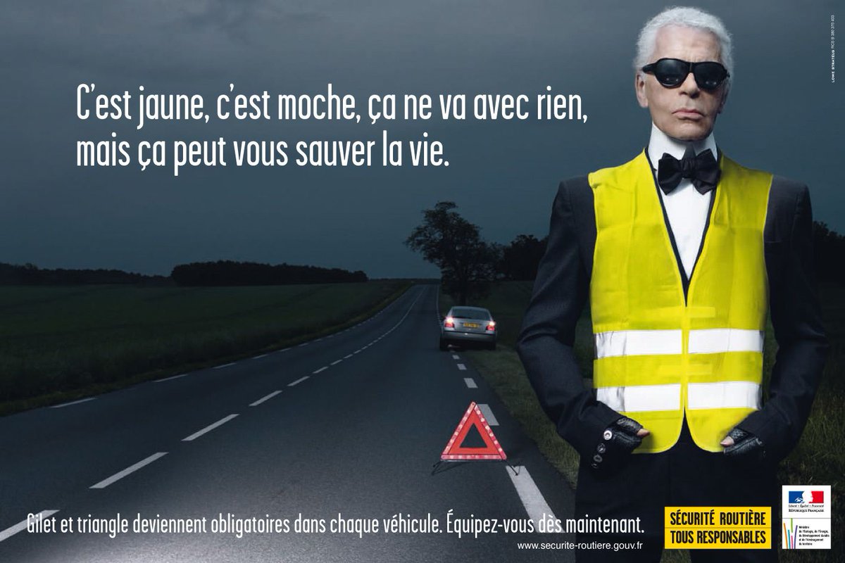 creapills's tweet photo. Karl Lagerfeld n'est plus. L'icône de la mode s'est éteinte à 85 ans. On retiendra, pour les amateurs de pubs créatives, son autodérision pour cette campagne de la Sécurité routière... #KarlLagerfeld https://t.co/QMvVuLSz5M
