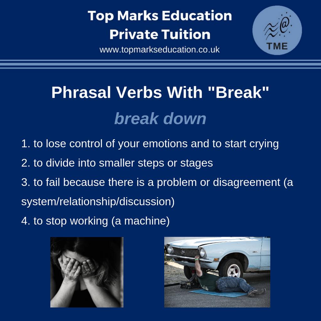 TME_Tuition's tweet photo. This week we're looking at phrasal verbs with "break". Learn the various meaning of "break down" with today's picture.
Can you use today's phrasal verb in a sentence?

#phrasal verb #phrasals #break #breaks #broke #broken #EnglishLessons #English #EFL #ESL #TEFL #LearnEnglish https://t.co/lgzUkI5wJt