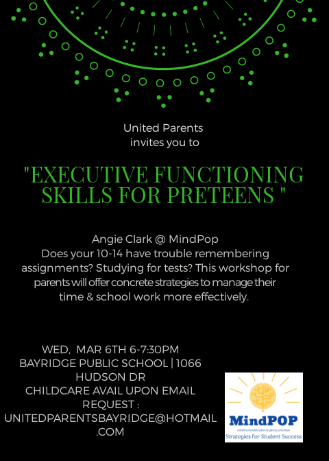 Does your child have poor study habits? Trouble remembering assignments? This seminar is for parents of 10-14 yrs old.  Angie Clark @ MindPop will offer
concrete strategies to manage their time & school work effectively.
 #executivefunctioningskills  #adhd   #parenteducation