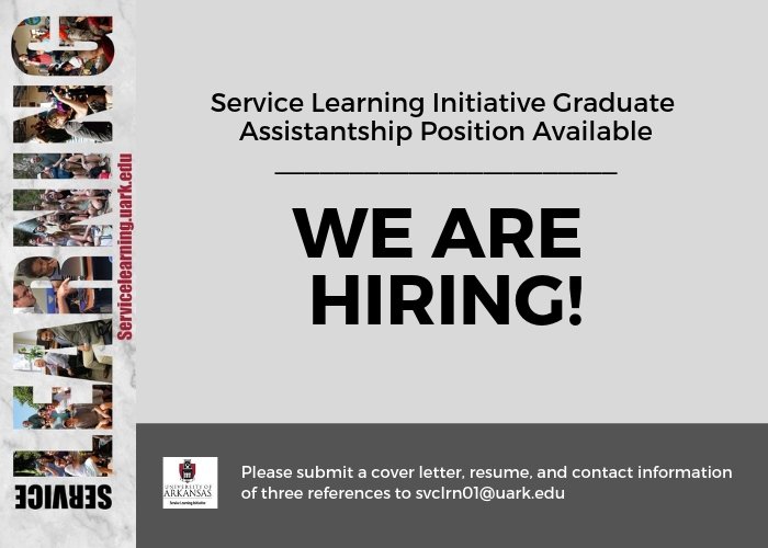 UARKSL's tweet photo. 2019 Service Learning Graduate Assistantship position is currently available. Send us your applications! Go to https://t.co/JdwyWdgWHH for details. https://t.co/cS2buDrXxd