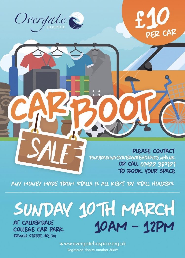 OvergateHospice's tweet image. Have you seen that places at our Car Boot sale are available?! Get that spring clean started and book your place now! #CarBoot #Halifax