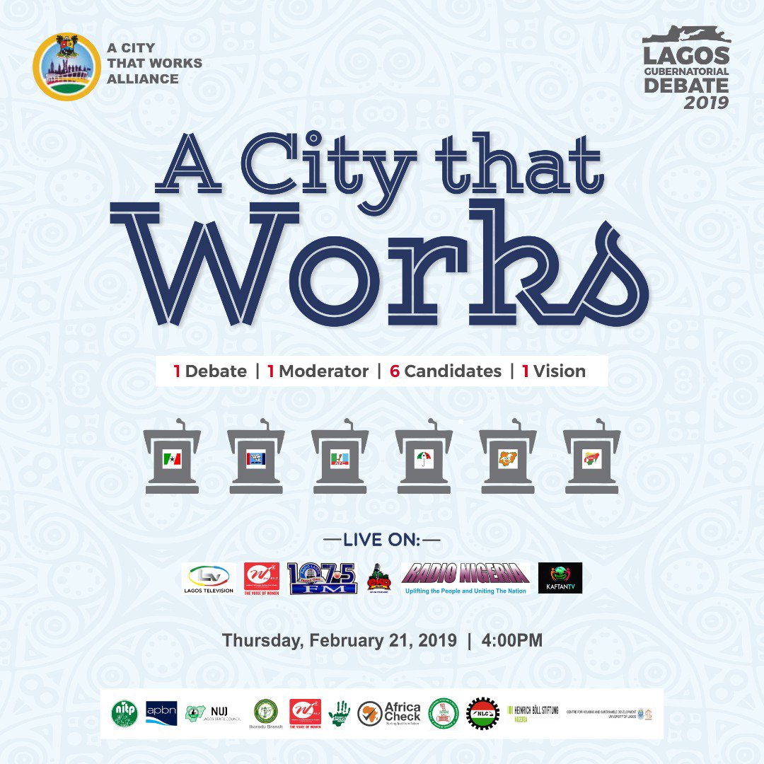 CITYTWALLIANCE's tweet photo. The deputy gubernatorial debate was a success, the Gubernatorial Debate will be great. 
Why not join us at LTV Combo Hall on Thursday Feb 14th to be a part of the debate.
#LagosDebate https://t.co/uKN2g3H5ij