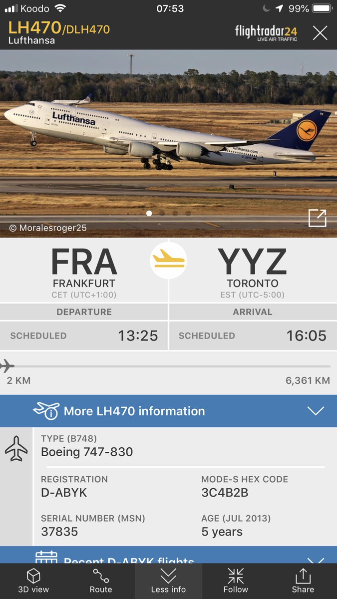 ErnestGutschik's tweet photo. #YYZ Alert π¨ βοΈ
Lufthansa Boeing 747-8i has been subbed in today instead of the -430. Planned ETA for 1605 as #DLH470. https://t.co/pw5Iypr962