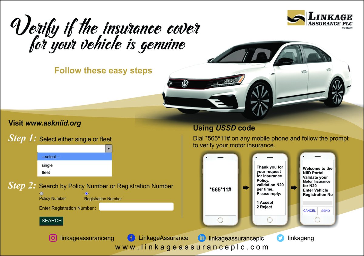 Verify the validity of your vehicle insurance on NIID. 

If you notice that your cover gotten from a licensed insurer is not captured on NIID, contact the insurer immediately.

RT for others &amp; Follow us for more Insurance Tips.

#LinkageCares
#MotorInsurance
#NIID #Insurance