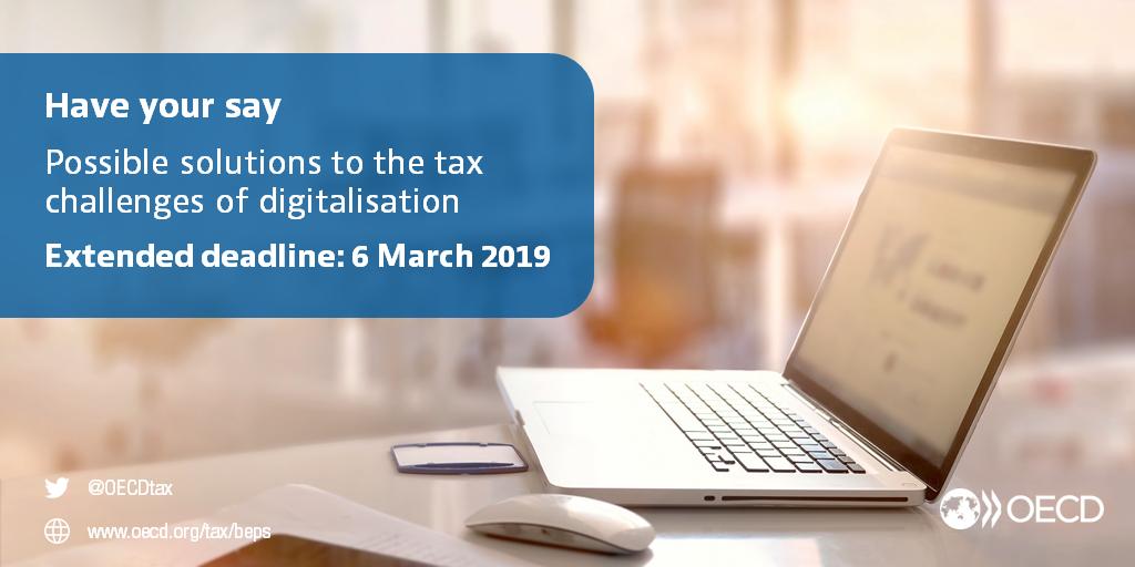 📣 OECD invites public input on the possible solutions to the #tax challenges of digitalisation  👉bit.ly/2TM7mYH  

⏳Deadline for comments: 6 March 
🗓️Public consultation meeting: 13-14 March

#OECDhaveyoursay #digitaltax
