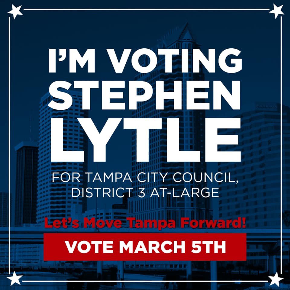 allm408's tweet image. The @CityofTampa Municipal elections are on March 5th. Early voting begins February 25th. Vote for a candidate who will #MoveTampaForward. 🇺🇸

Vote for Stephen @Lytle2019.