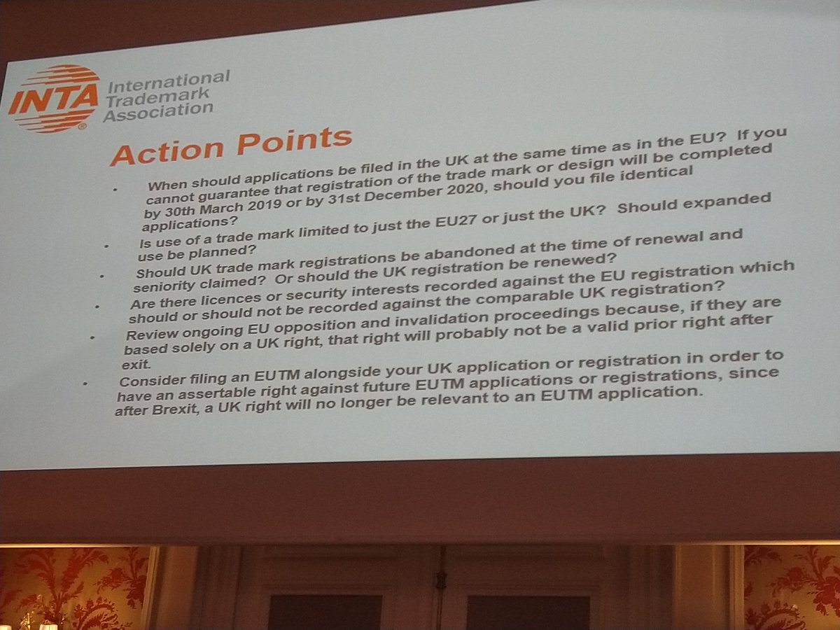 INTABrussels's tweet photo. After lunch...digesting #Brexit. "Deal" or "No Deal", what will be the impact on #brand owners including on #EUTM registrations ? Hear from @islingtonkate, @CRS_Lawyers and Immediate Past President @CITMAuk at #INTAParis. #trademarks #IPR https://t.co/8rJxFDvKCq