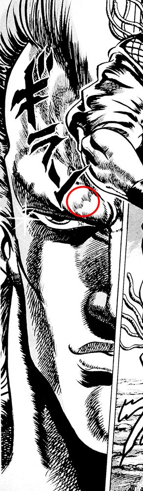 ナッパ教司祭 ジョジョ 単行本4巻169ページ 北斗の拳 単行本22巻125ページ 眉上弓から鼻 口元にかけて造形やカケアミの描写が類似しており 恐らく参考にしながら描いたと思われます 傍証として 本来ダイアーには不必要なカイオウの顔面にある傷跡まで