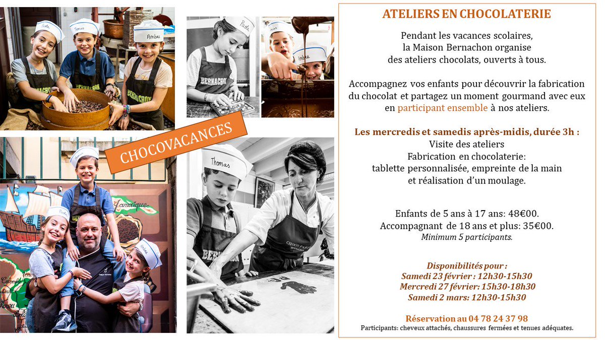 Vous avez été nombreux à nous le demander . Désormais pour les vacances scolaires, nous proposons les CHOCOVACANCES.

Des ateliers en chocolaterie en sessions ouvertes, pour les enfants et les accompagnants . 

#bernachon #lyon