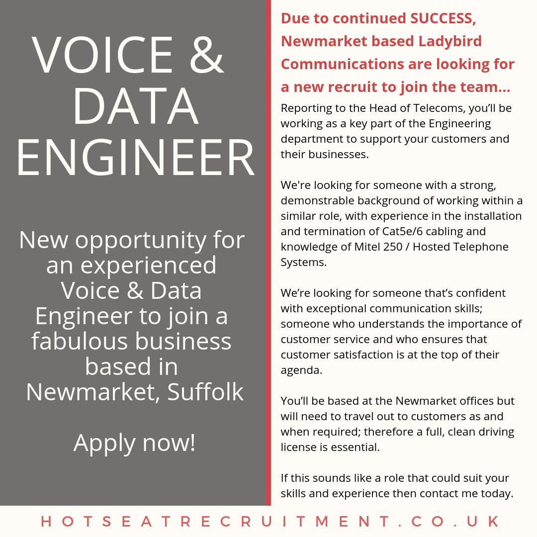 Voice &amp; Data Engineering vacancy just in over at the fabulous Ladybird Communications in Newmarket, Suffolk. More details here: hotseatrecruitment.co.uk/job/hs1154/