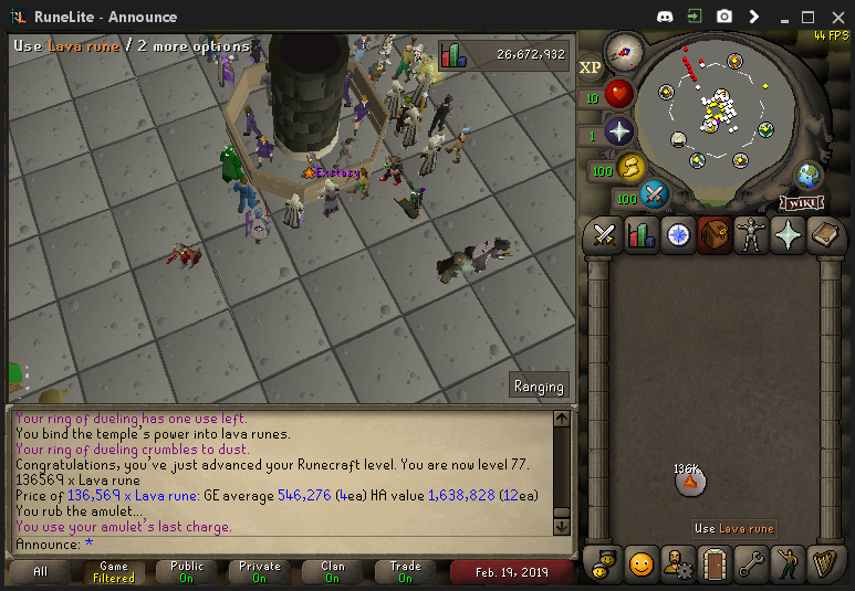 After grinding 136,569 Lava runes, I have finally achieved 77 Runecrafting. Only 66-73 agility left untill Blood runes!