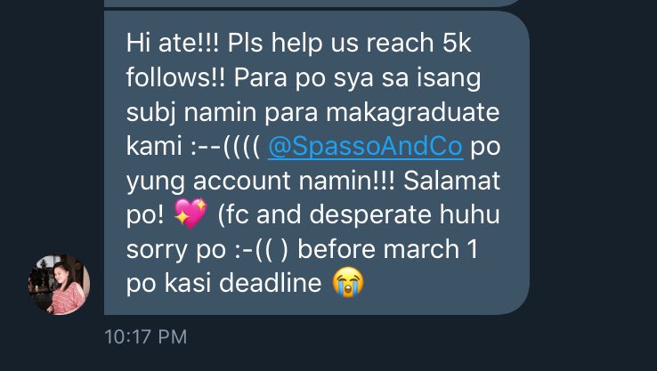dgafhope's tweet photo. HELLO!!! LET'S HELP OUR FELLOW STUDENT THROUGH FOLLOWING @SpassoAndCo!!!! ✨ THANK YOU!!! RT NIYO NA RIN AFTER PARA MAS MASPREAD PA 🤗 GODBLESS Y'ALL!!! https://t.co/quu40MmibX
