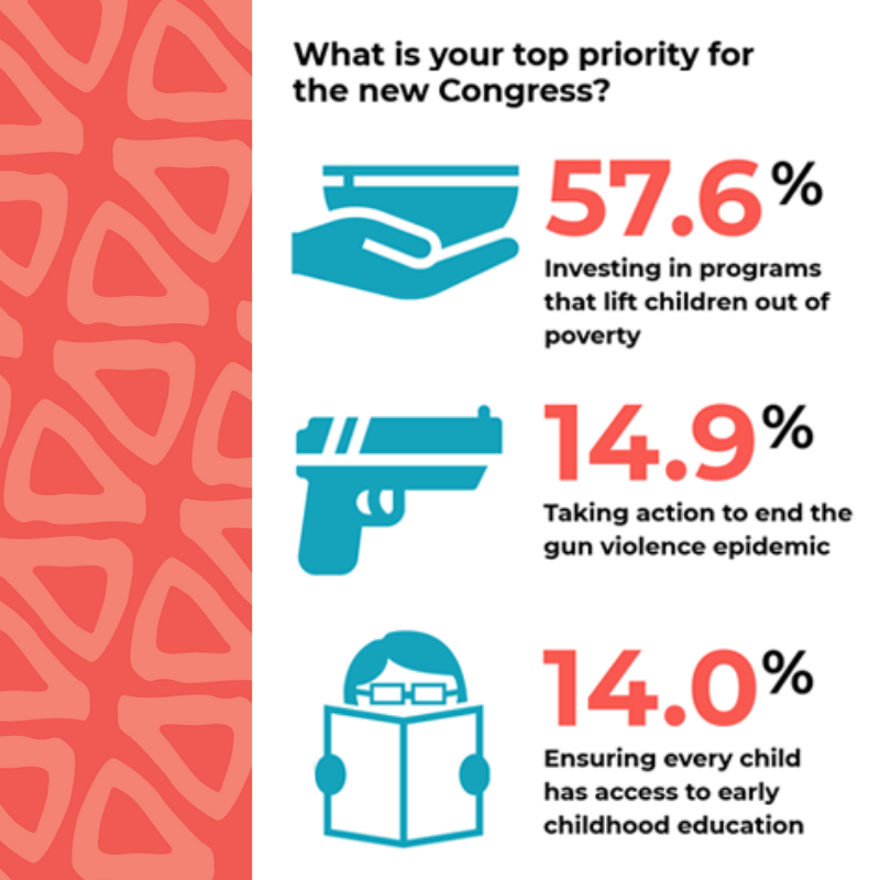 We provide a strong, effective voice for all the children of America, with particular attention to the needs of poor children, children of color and those with disabilities. Many responded to a recent survey and told us what their top priorities are for children - what are yours?
