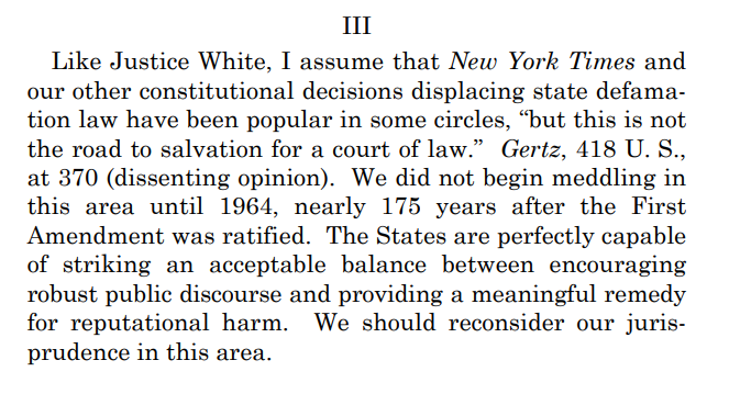 bradheath's tweet photo. Justice Thomas says SCOTUS should reconsider New York Times v. Sullivan. https://t.co/6BYy2wowvc