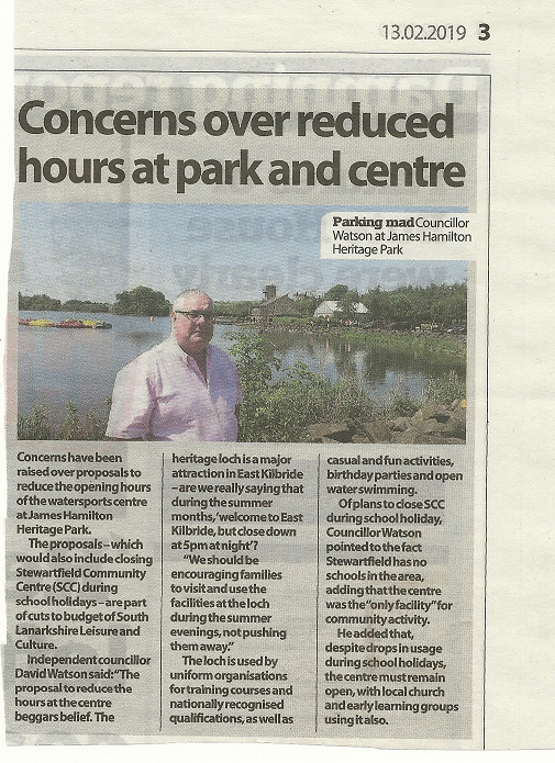 CllrWatsonSLC's tweet photo. Budget proposals have been put forward by South Lanarkshire Council to reduce the opening hours of the Water Sports Centre at the James Hamilton Heritage Loch and the Stewartfield Community Centre. These cuts are not acceptable and I will be opposing them. https://t.co/OeXCp3nTag